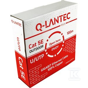 Kabel U/UTP kat.5e, sieciowy, skrętka, PE zewnętrzny suchy, Fca 4PR, 1Gb/s, czarny, 100m – Q-LANTEC KIU5OUTS100Q Kabel U/UTP kat.5e, sieciowy, skrętka, PE zewnętrzny suchy, Fca 4PR, 1Gb/s, czarny, 100m – Q-LANTEC KIU5OUTS100Q