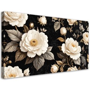 Obraz na płótnie, Białe róże na czarnym tle elegancka kwiatowa 80×40 891415 Obraz na płótnie, Białe róże na czarnym tle elegancka kwiatowa 80×40 891415
