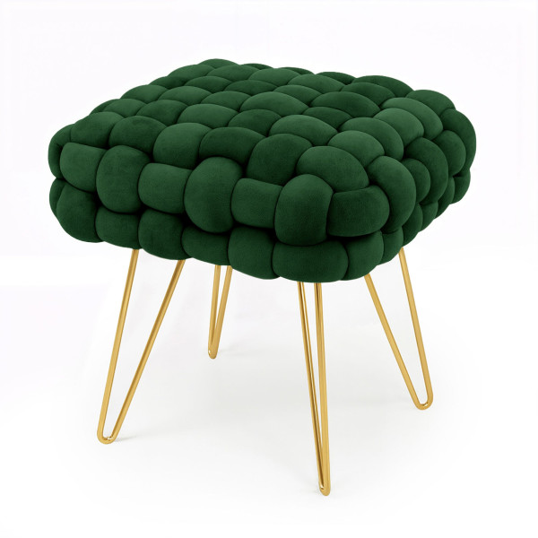 Pufa z plecioną tapicerką welurowa 38 cm DOTTY Butelkowa Zieleń 848084