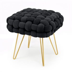 Pufa z plecioną tapicerką welurowa 38 cm DOTTY Czarna 848423