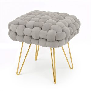 Pufa z plecioną tapicerką welurowa 38 cm DOTTY Jasny Szary 848085
