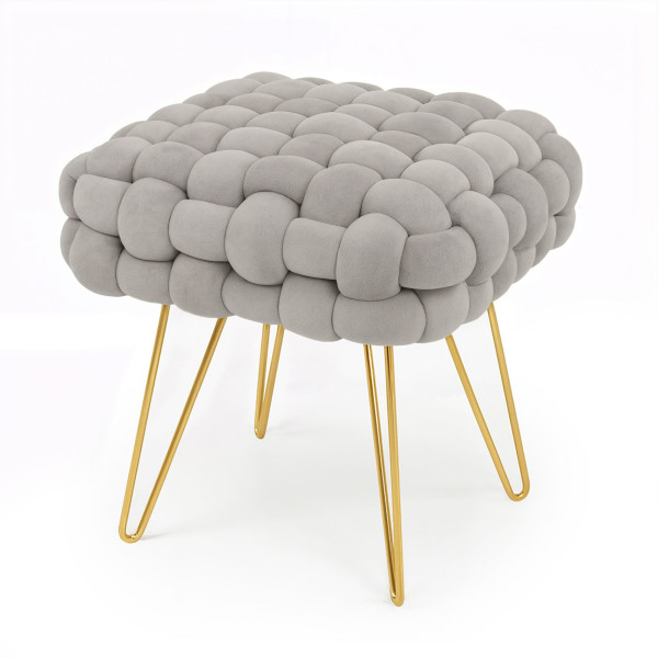 Pufa z plecioną tapicerką welurowa 38 cm DOTTY Jasny Szary 848085