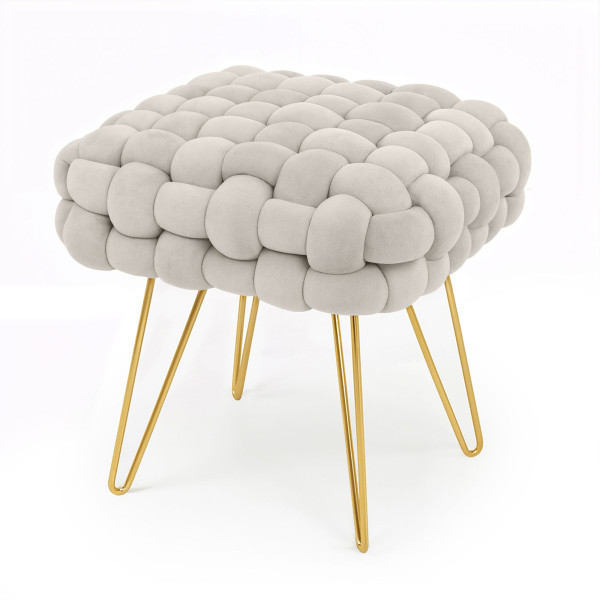 Pufa z plecioną tapicerką welurowa 38 cm DOTTY Kremowa 848089