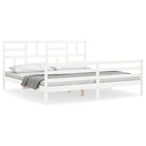 Rama łóżka z wezgłowiem biała 200×200 cm lite drewno 479979