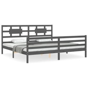 Rama łóżka z wezgłowiem szara 200×200 cm lite drewno 472224