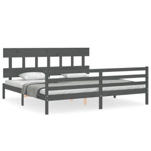 Rama łóżka z wezgłowiem szara 200×200 cm lite drewno 479197
