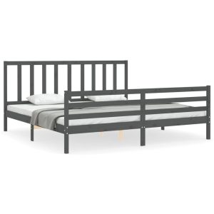 Rama łóżka z wezgłowiem szara 200×200 cm lite drewno 480261