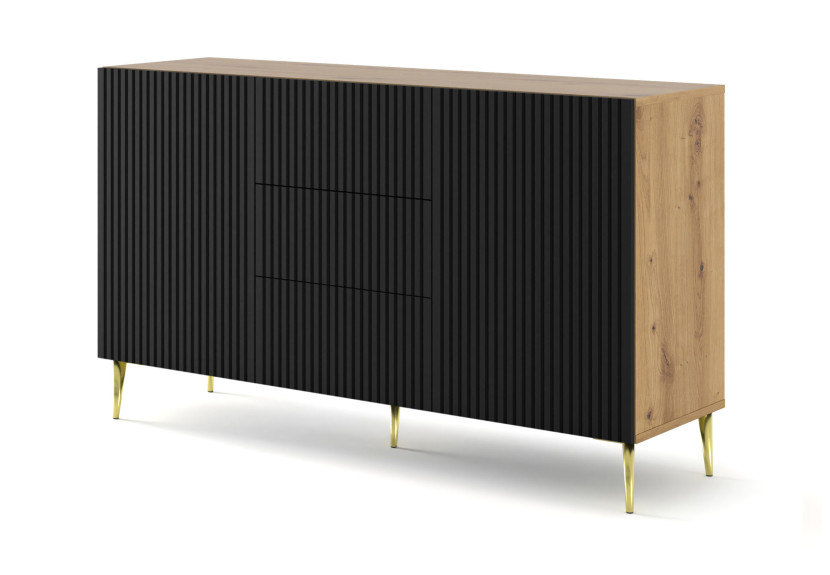 Ravenna B Komoda 150 2D3S frez MDF dąb artisan / czarny mat + szpilki złote 240696