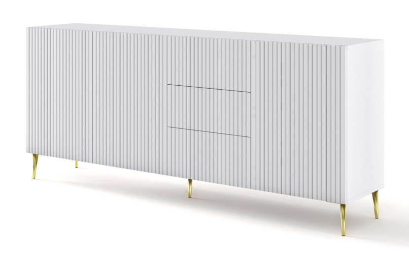 Ravenna B Komoda 200 3D3S frez MDF biały mat + szpilki złote 240702