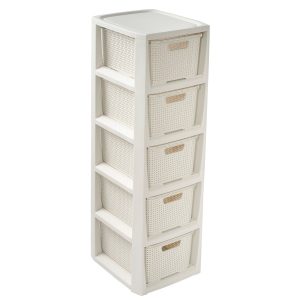 Regał Stojak Łazienkowy Rattanowy Szafka Z Koszami 5 X 7L Biały 670097 Regał Stojak Łazienkowy Rattanowy Szafka Z Koszami 5 X 7L Biały 670097